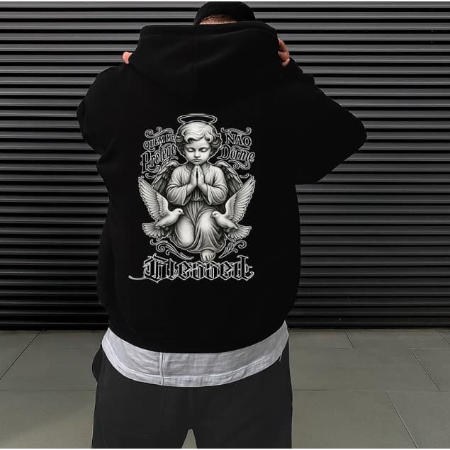 Moletom Masculino Unissex Streetwear Urbans Anjo BLESSED Fé Canguru Capuz Bolso Blusa de frio Casaco Quente Inverno