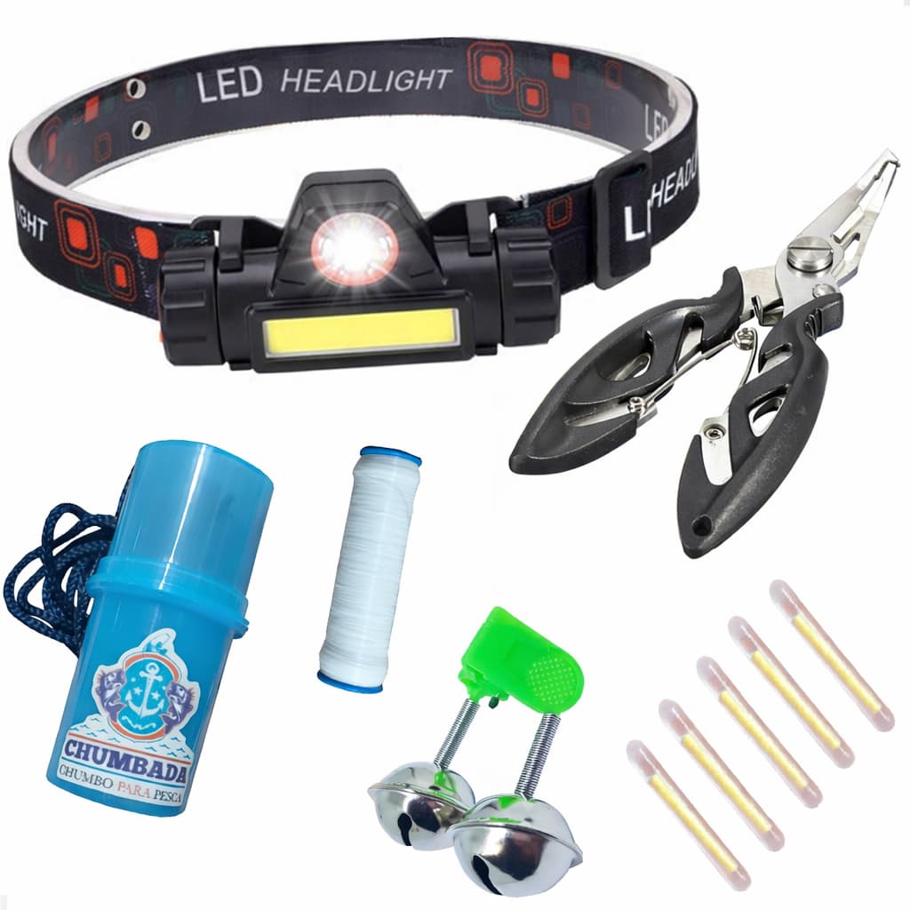Kit Pesca Noturna c/ Alicate Lanterna Sino Porta Elastricot