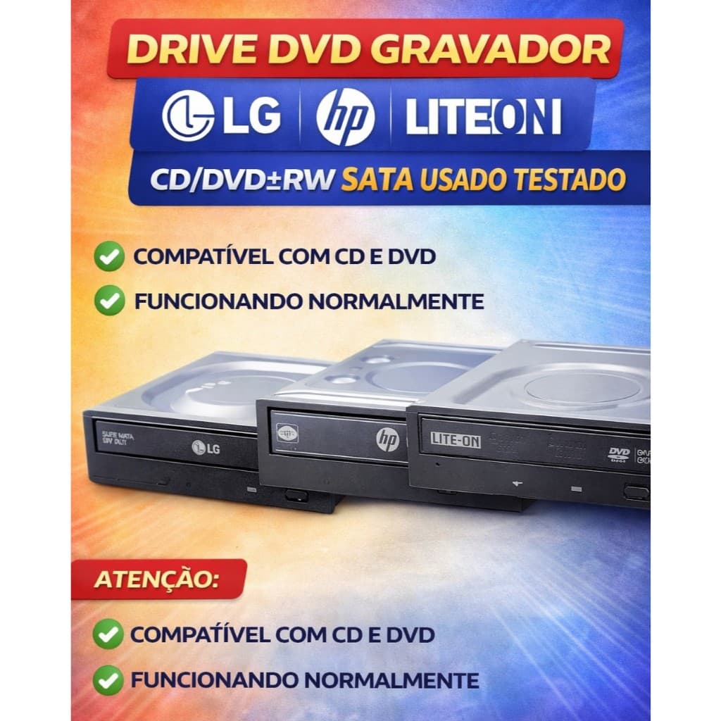 Drive DVD Gravador LG HP Lite-On CD/DVD ±RW SATA Usado Testado