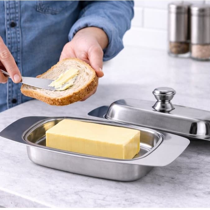 Manteigueira Inox com Tampa Porta Manteiga Aço Inoxidável Cozinha Mesa