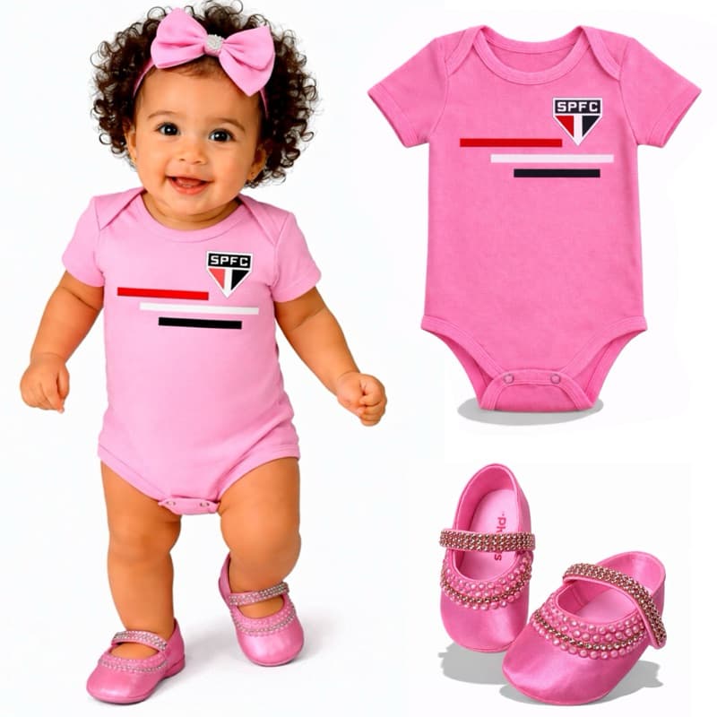 Body Bebê São Paulo Rosa 100% Algodão Macio + Sapatinho Boneca Personalizado Temático Fantasia Luxo