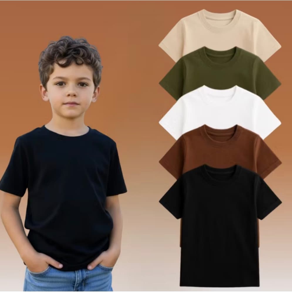 Kit 5 Camisetas Infantil 100% Algodão - Básicas Lisas Unissex Manga Curta