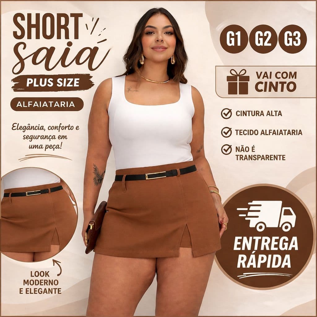 Short Saia Plus Size Alfaiataria G1 G2 G3 com Cinto Feminino Cintura Alta Elegante Moda Casual Social