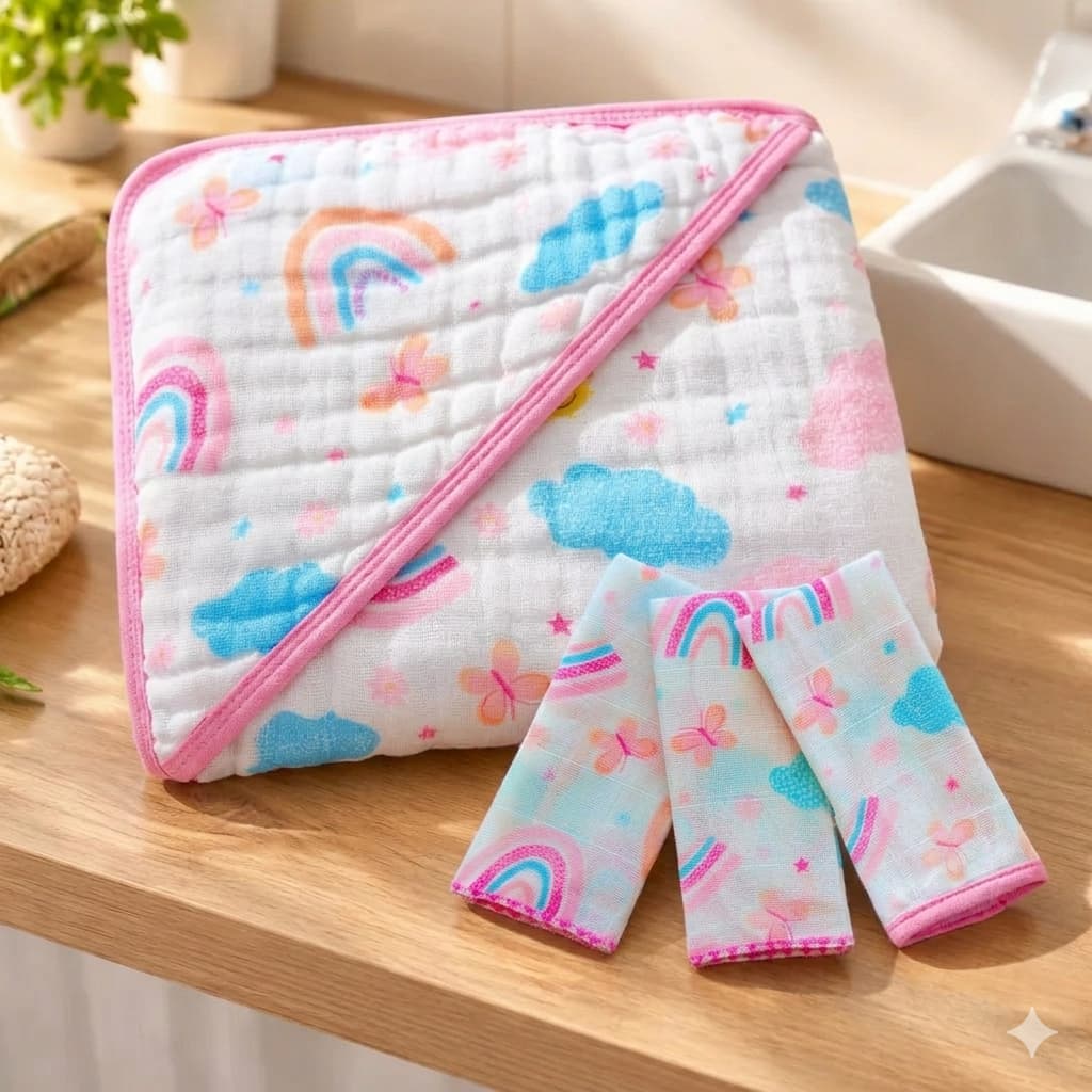 Kit Toalha Banho Bebe Soft Capuz de Fralda + 3 Paninho Babete boca 100% Algodão Enxoval Maternidade