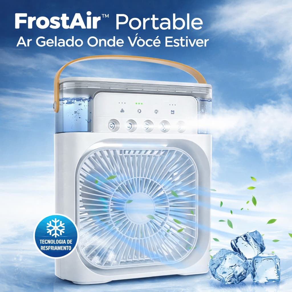 Mini Ar Condicionado Portátil USB FrostAir™ Climatizador com Água e Gelo Ventilador Silencioso Branco