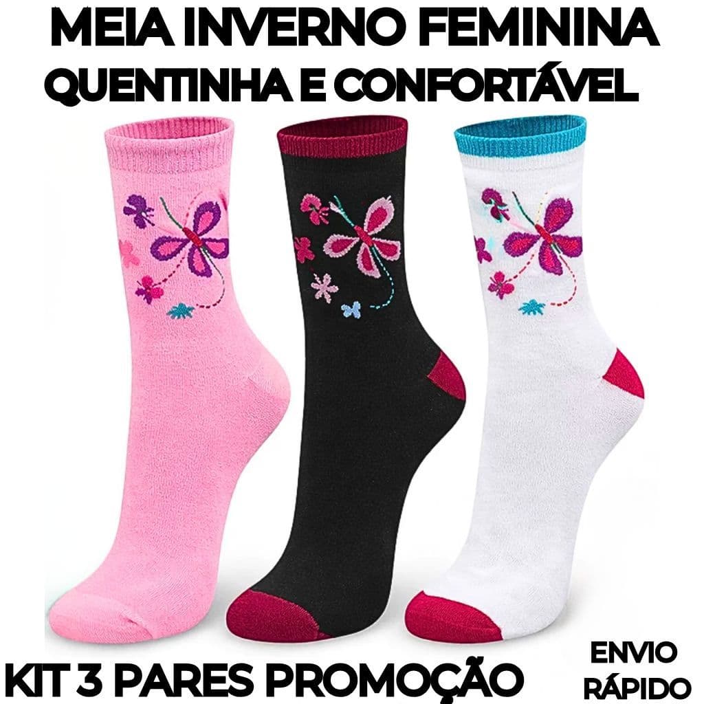 Meia Feminina Cano Longo Kit 3 Pares Não Aperta Confortável Alta Qualidade Dia a Dia
