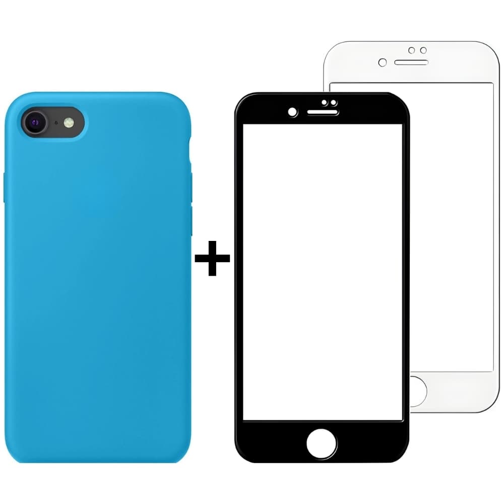 Kit Capinha Azul Claro e Película Transparente para Iphone 7, Iphone 8 e Iphone SE Case Fechada nas Laterais de Silicone