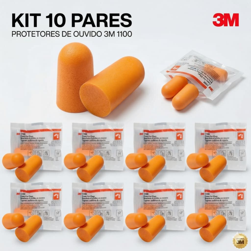 Kit 10 Protetor Auricular 3M 1100 Espuma Abafador sem Cordão Tampão de Ouvido