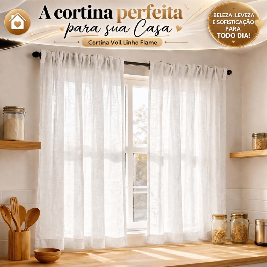 Cortina Linho Voil Flame 3,00x1,30 Decoração Sala Quarto