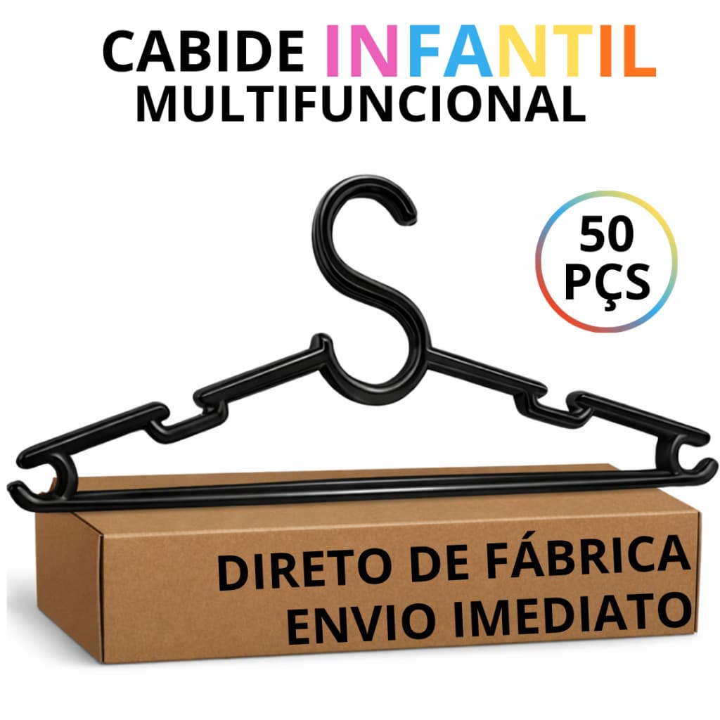 Cabide Infantil Bebê Preto 28cm 50 pçs Para Organizar Roupas Crianças