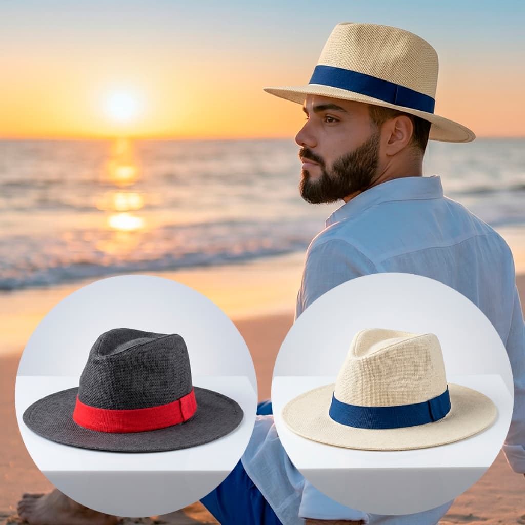 Chapéu Panamá Shantung Bege e Azul Aba Larga Estiloso Unissex Masculino Feminino Praia Verão Premium