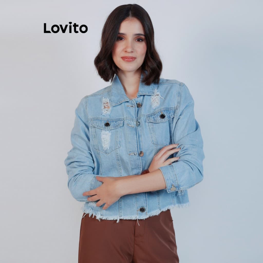 Lovito Jaqueta Jeans Feminina Cropped Estilosa Destroyed Casaco JKB19922022
