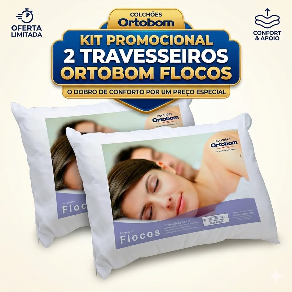 Kit 2 Travesseiros Ortobom Flocos 40x60 Confortável Ortopédico Antialérgico