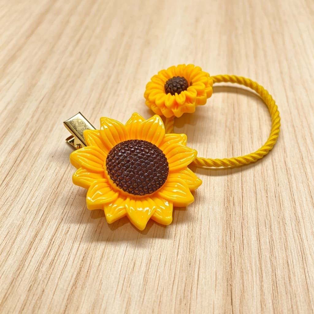 Kit com presilha e elástico de cabelo de girassol