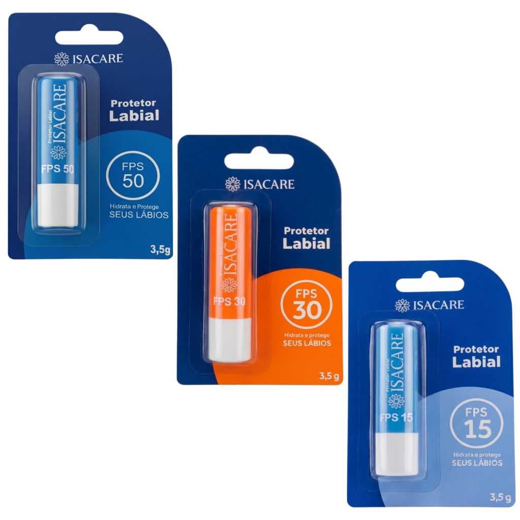 Protetor Labial Fps 15 Hidrata e Protege os Lábios 3 Tipos de Proteção Isacare