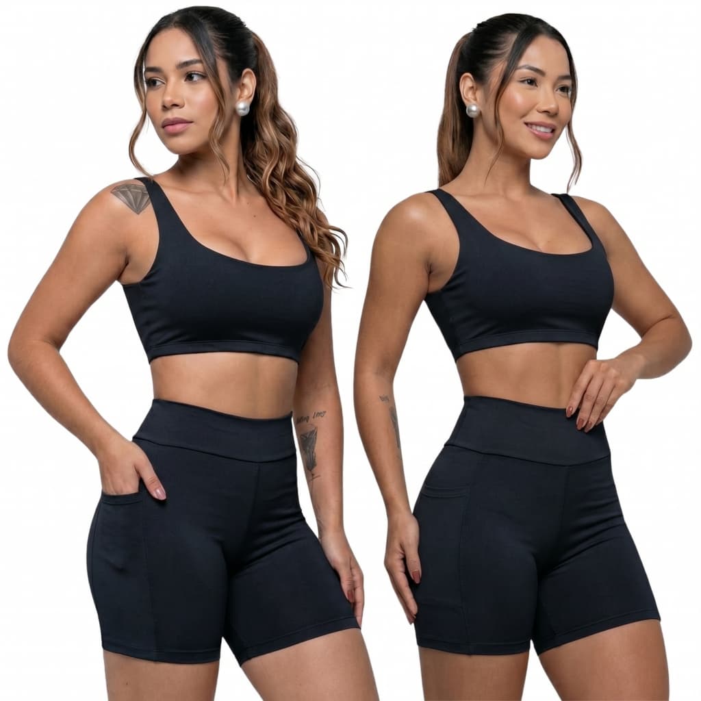 Conjunto De Academia Top Duplo Short Com Bolso Roupa Fitness Treino Suplex