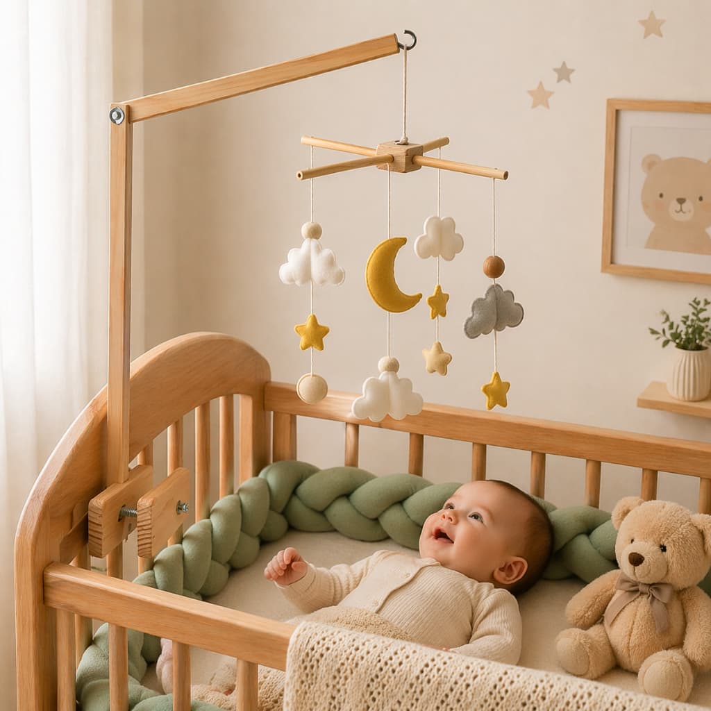 Kit Mobile Infantil com Suporte em Madeira Pinus para Berço de Bebê