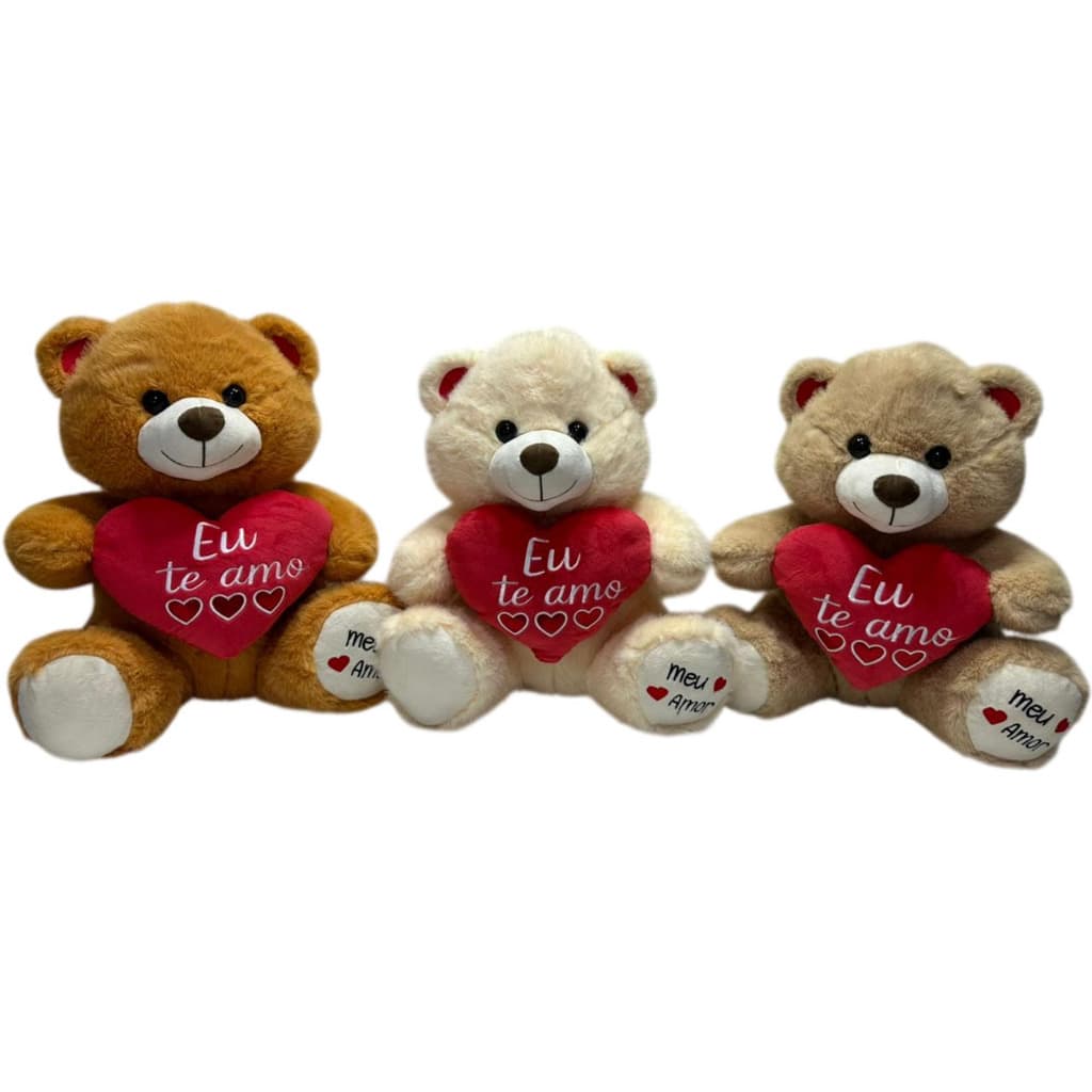 Urso Pelúcia Grande 37cm com Coração Eu Te Amo Presente Romântico Fofo Dia dos Namorados Decoração Amor