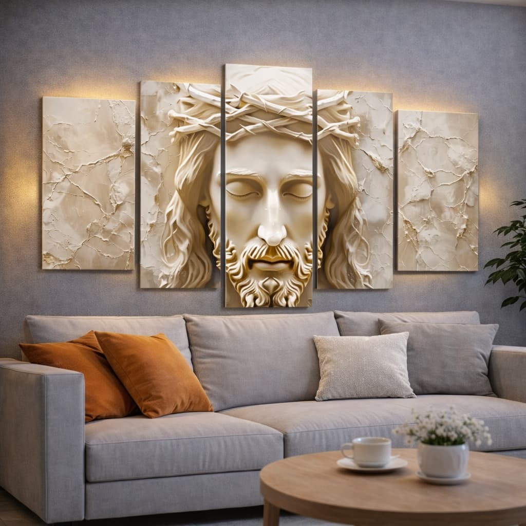 Quadro Decorativo Religioso Face De Cristo Sala Hall Mosaico 5 Peças