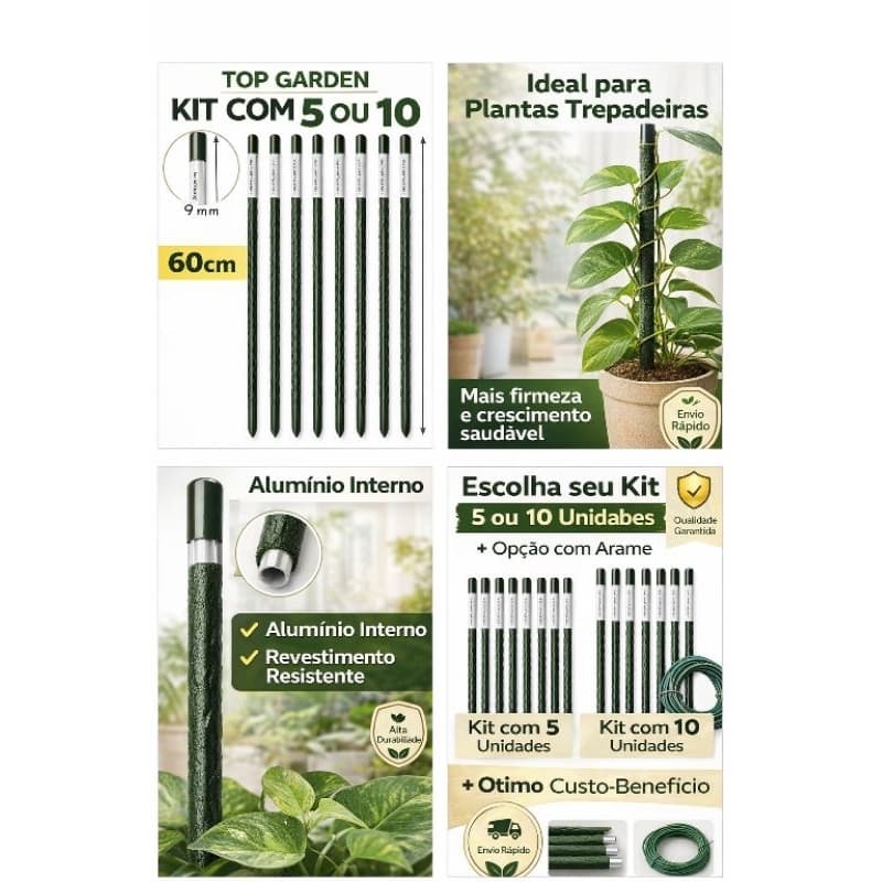 Tutor para Plantas 60cm Kit 5 ou 10 Alumínio Revestido Top Garden Suporte Trepadeira Jardim Resistente
