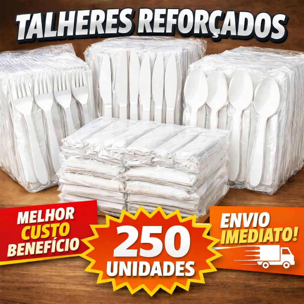 Talheres Descartáveis Reforçados ATACADO 250 Unidades Kit Completo Com Guardanapo Branco