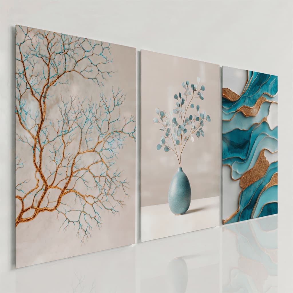 Quadros Decorativos Árvore Dourada Azul Abstrato Natureza Luxo Moderno Elegante Sala