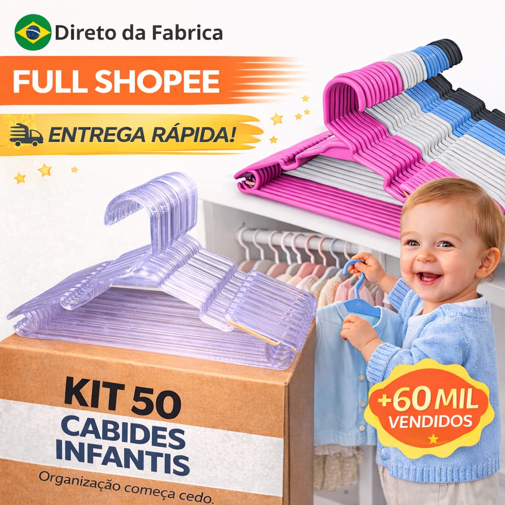 Kit 50 Branco Cabide infantil juvenil para organização.