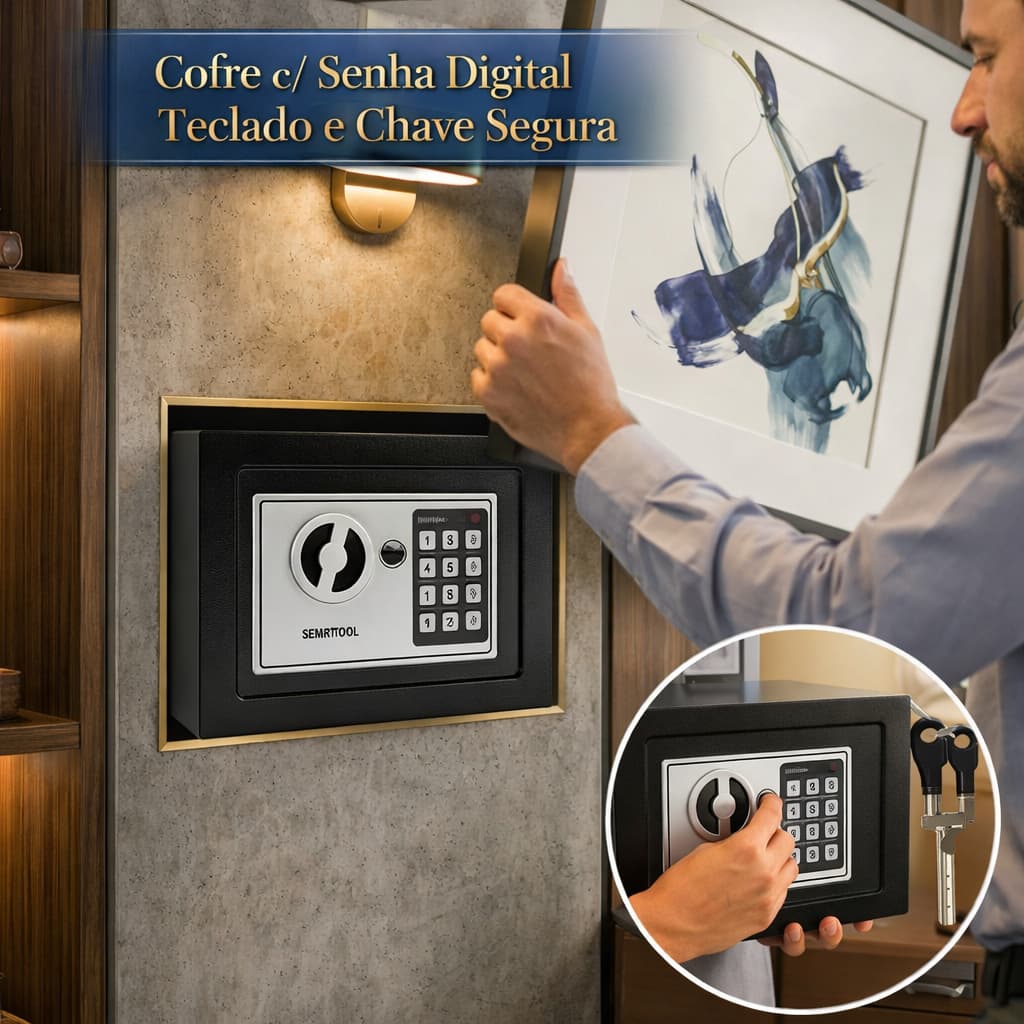 Cofre Eletrônico com Senha Digital Teclado e Chave Segura Portátil Parede Residencial Escritório