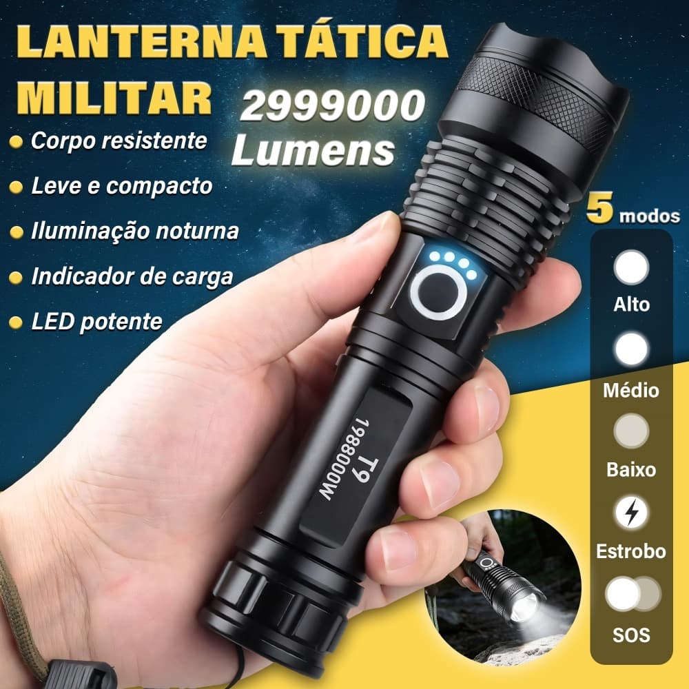 Lanterna Tática T9 LED XHP70 Recarregável USB 1000m Zoom Lanterna Potente Forte