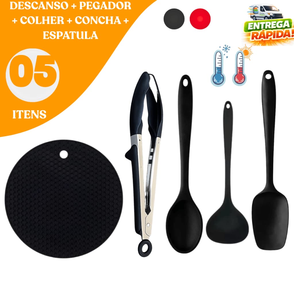 Kit 5 Utensilios Cozinha Silicone Premium Resistente Calor Antiaderente Fácil Limpeza Restaurante