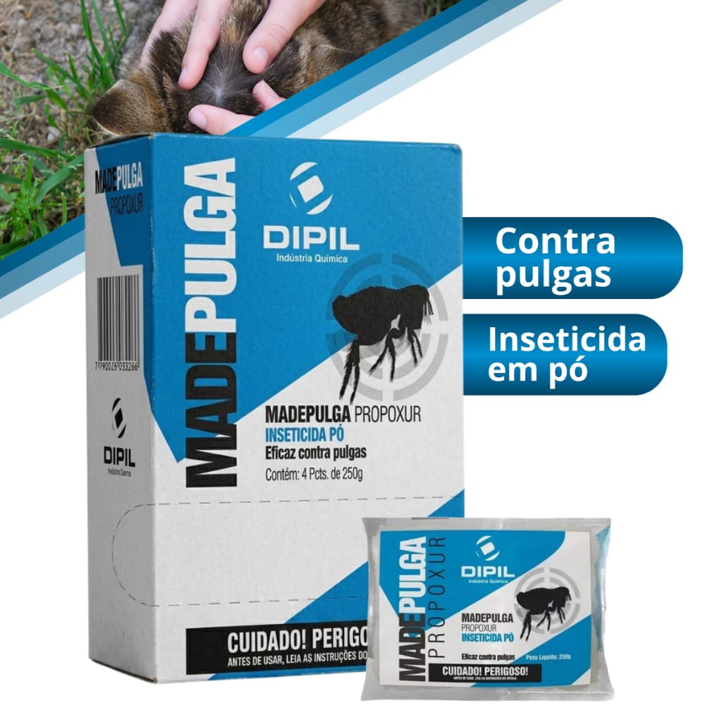 Inseticida Madepulga Pó Dipil 1kg  Eficaz Contra Pulgas e Carrapatos no Ambiente Quintal Limpo