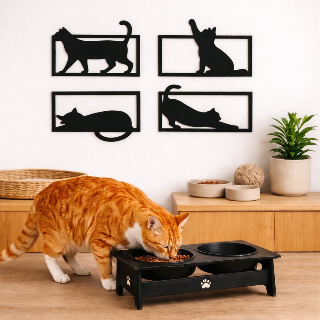 Comedouro e Bebedouro 2 Tigelas + Kit 4 Placas Quadros Decorativos em MDF Preto 3mm Decoração Para Cães e Gatos
