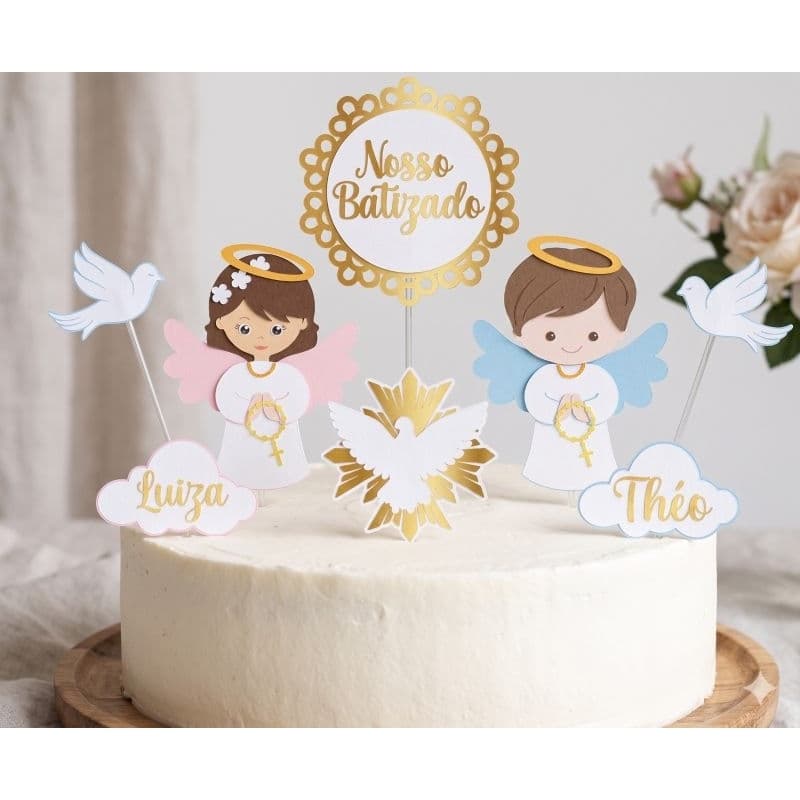 Topo de Bolo Nosso Batizado Personalizado Crisma Primeira comunhão- Nome e Anjinhos - Papel Fotográfico com Dourado Luxo
