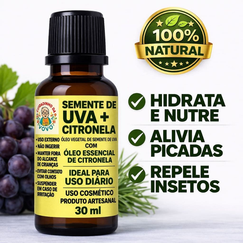 🟢 SEMENTE DE UVA + CITRONELA Óleo Corporal Semente de Uva com Citronela  30ml | Óleo Vegetal | Uso Cosmético | Artesanal