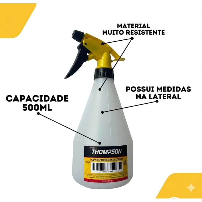 Borrifador Manual Pulverizador Thompson 500ml Regulável em Spray Jato ou Névoa Jardim, Faxina e Estética Automotiva