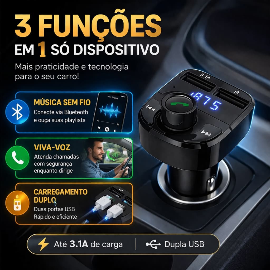 Transmissor FM Bluetooth Veicular X8 Carregador USB Mãos Livres Som Automotivo Mais segurança