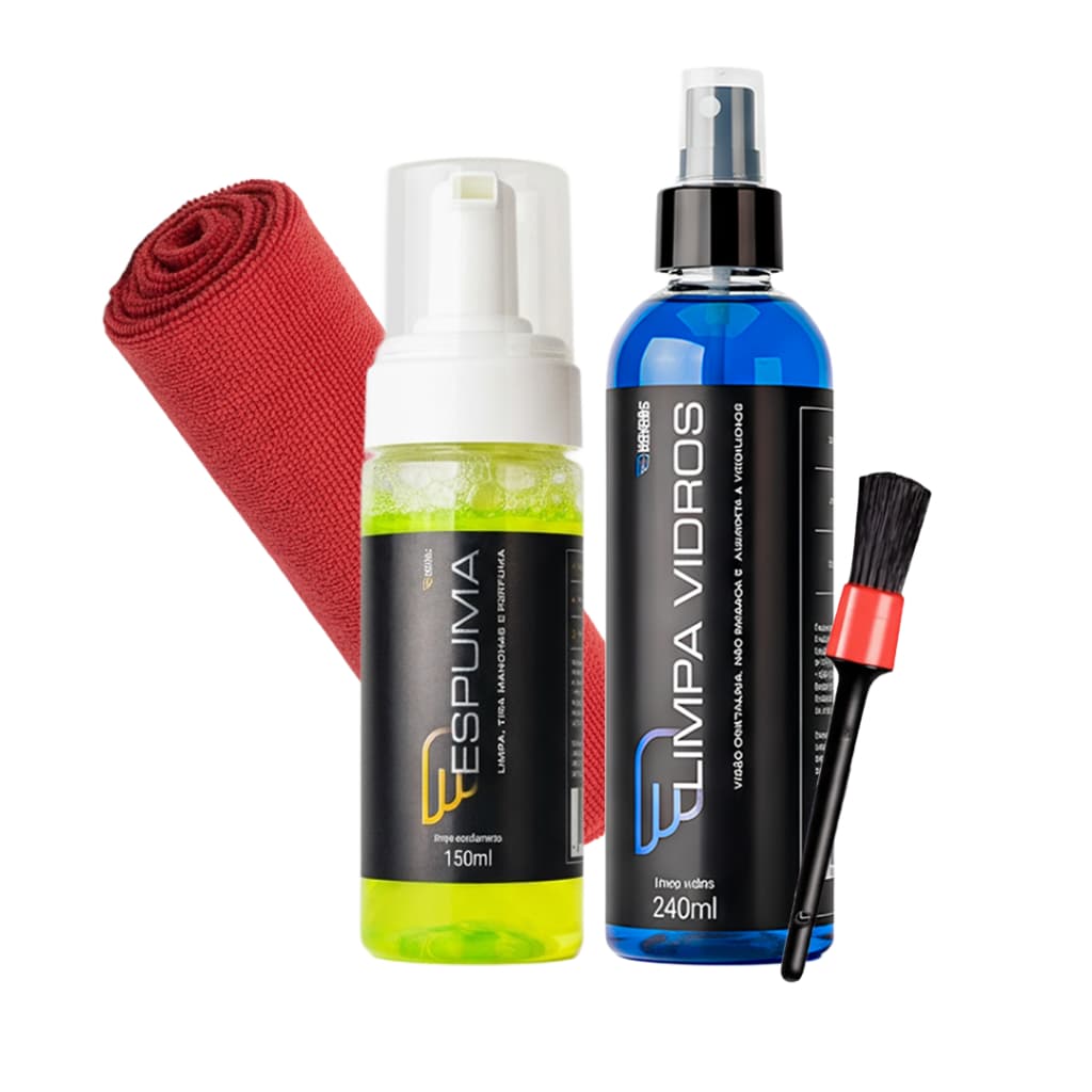 HOUSE OF MOTORS KIT LIMPA VIDROS ESPUMA INTERIOR AUTOMOTIVO LIMPEZA COMPLETA PANO PINCEL