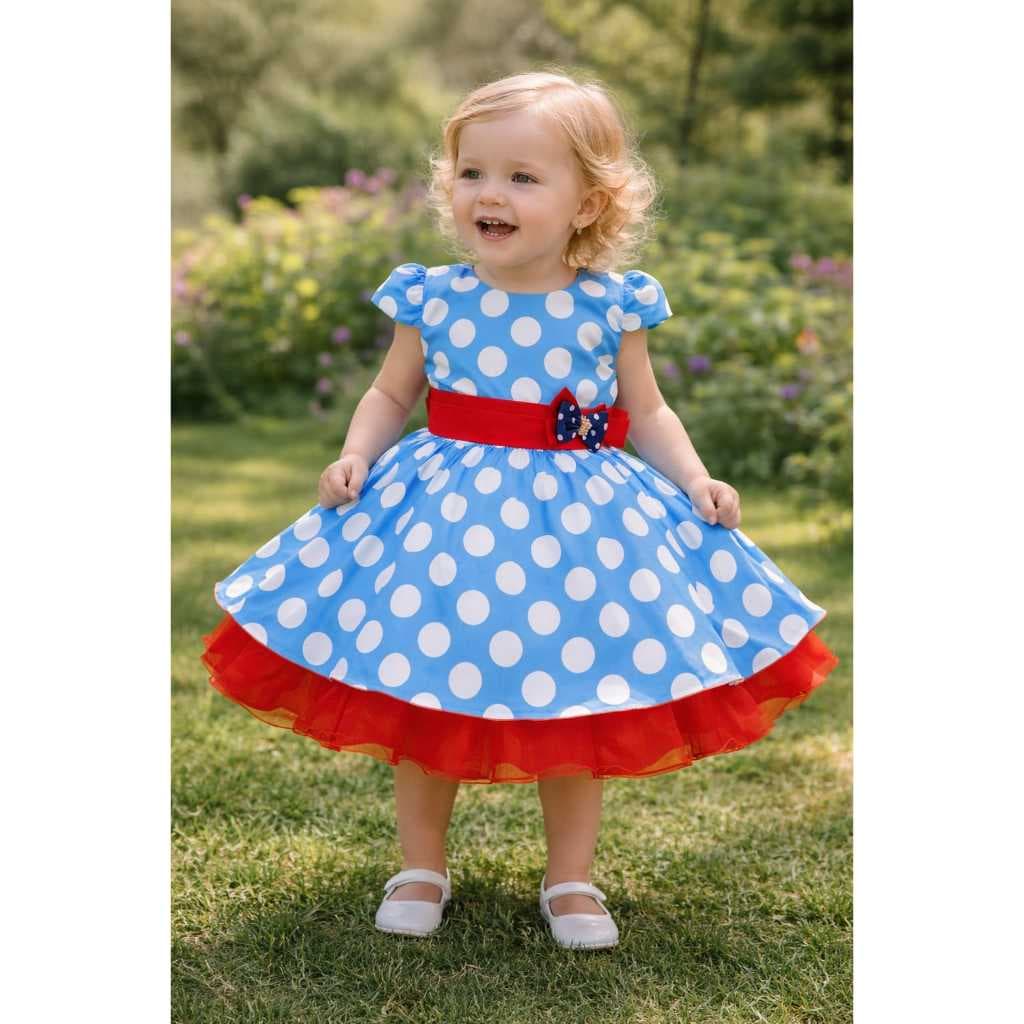 Vestido Infantil Temático Galinha Azul com Bolinhas Brancas Luxo