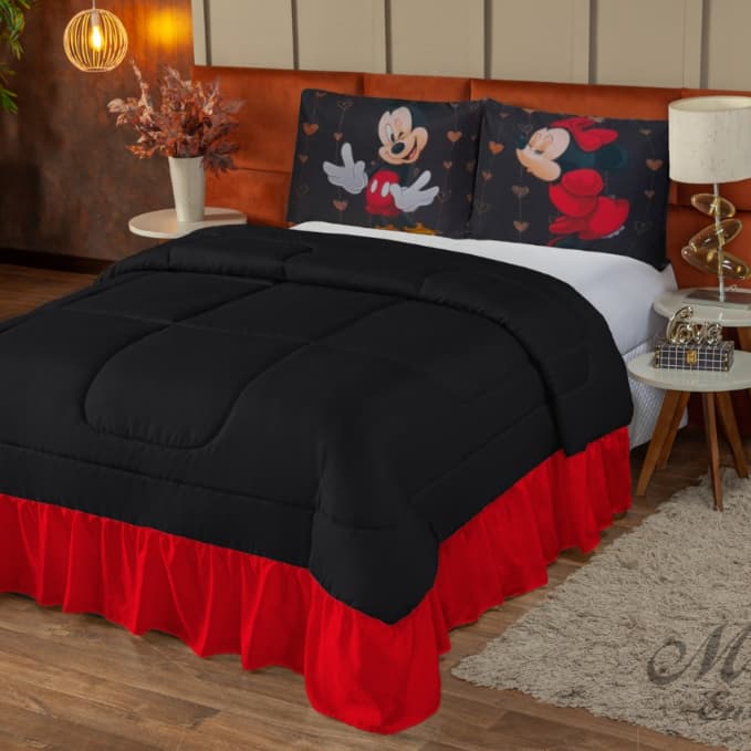 Colcha Edredom Estampado Queen 3 Peças Micro Percal Mickey E Minnie Love 200 Fios