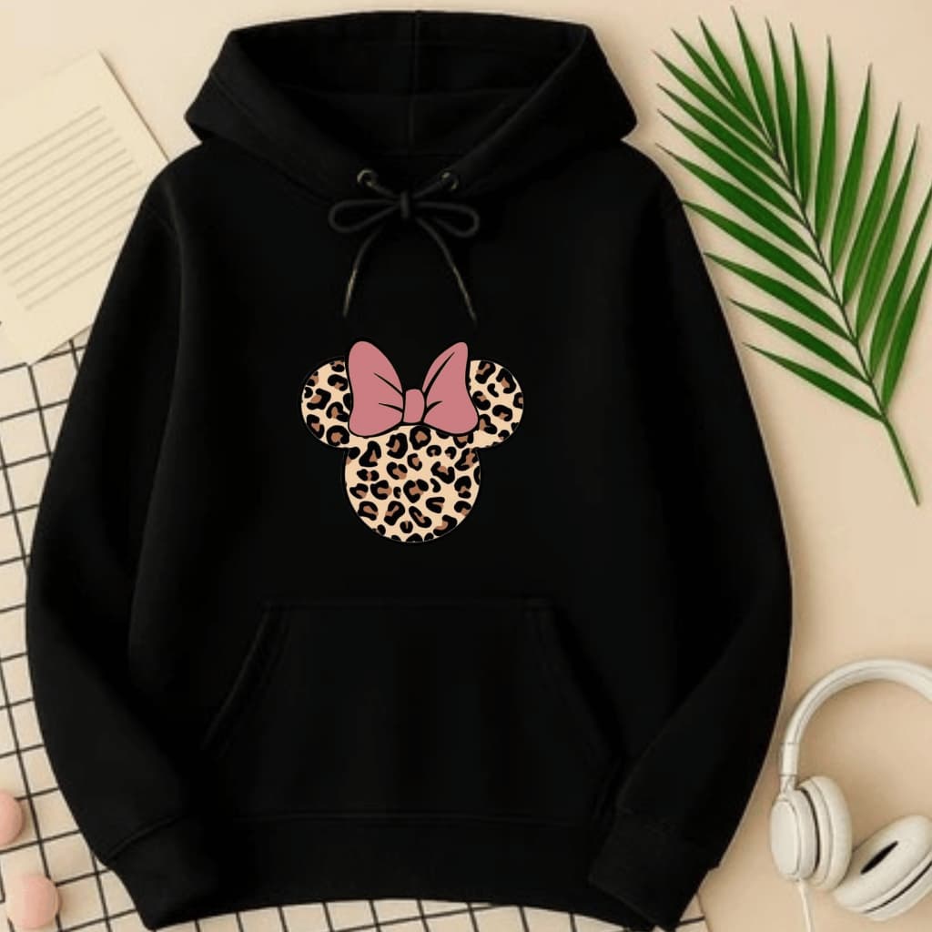 Moletom Flanelado Feminino Blusa De Frio Minnie Laço Delicado Inverno Frio Casaco Com Capuz e Bolso