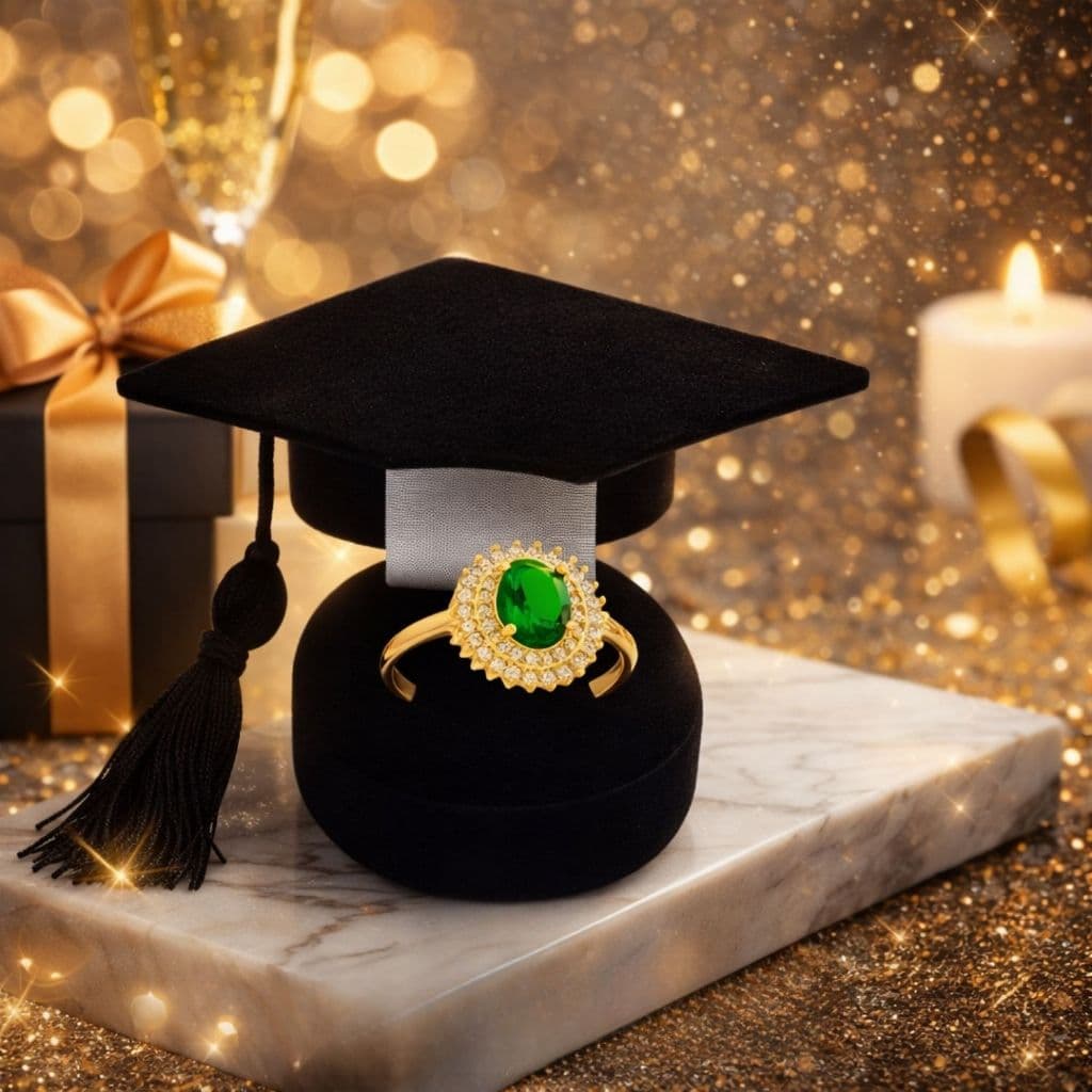 ANEL FORMATURA LUXO MODELO KATE PEDRA VERDE FOLHEADO Á OURO 18K