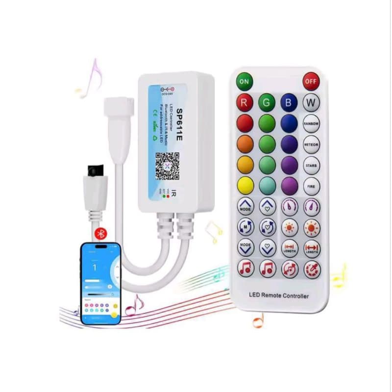 Controlador LED Bluetooth SP611E – Rítmico & Inteligente (App + Controle Remoto) 🌈🎶