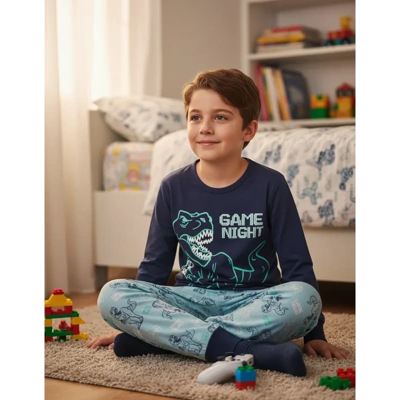 Pijama Infantil Masculino Inverno Game Night - Hey Kids Azul BRILHA NO ESCURO