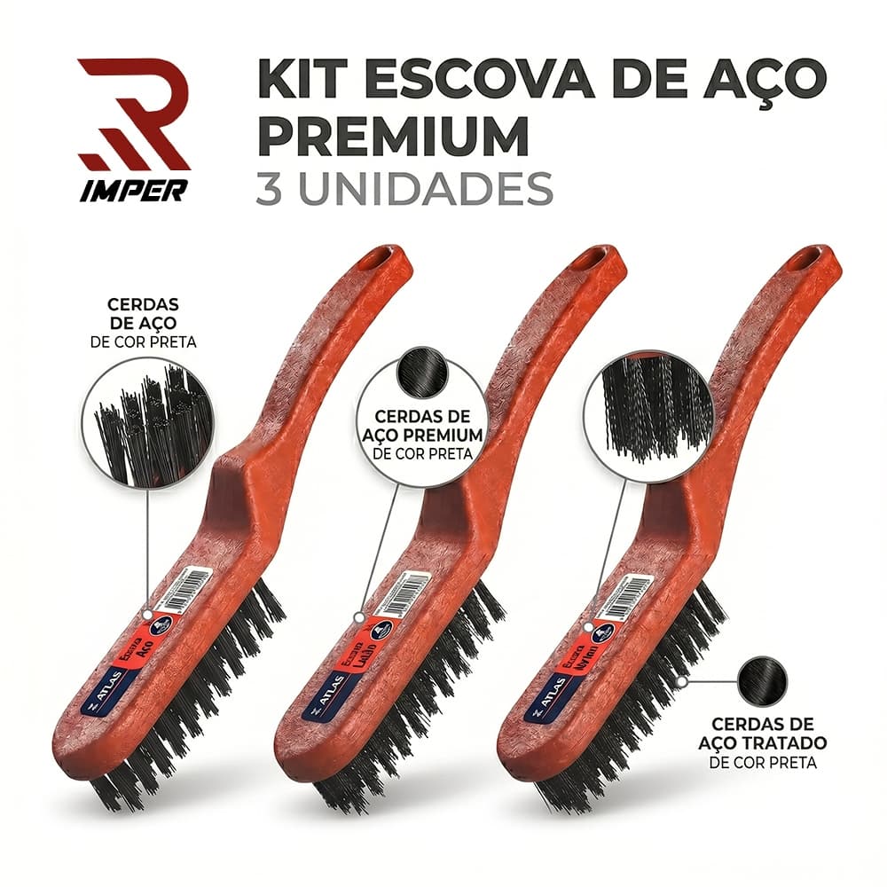 Kit 3 Escovas de Aço 3 Fileiras Profisssional com Cerdas de Aço Resistente Limpeza Pesada Remoção de Ferrugem Sujeira