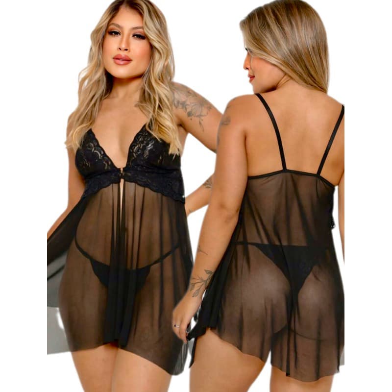 Camisola tule + calcinha de amarrar transparência renda