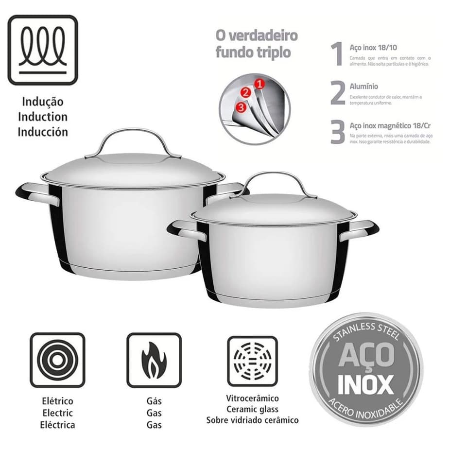 Jogo de Panelas Tramontina Allegra em Aço Inox com Fundo Triplo(Induçao) - 2 Peças