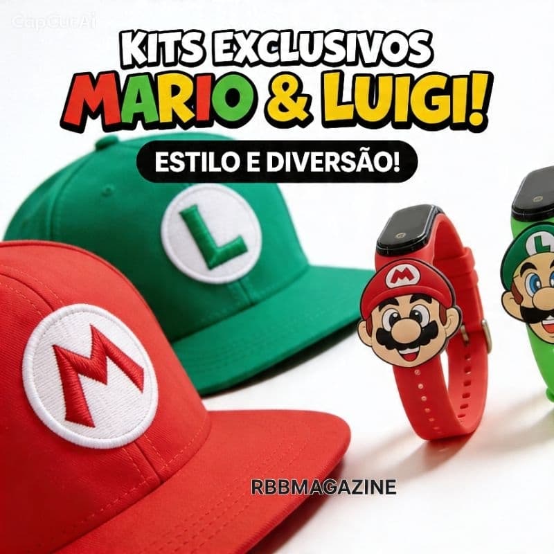 Kit Boné + Relógio Super Mario e Luigi Infantil | Ajustável + À Prova D’Água
