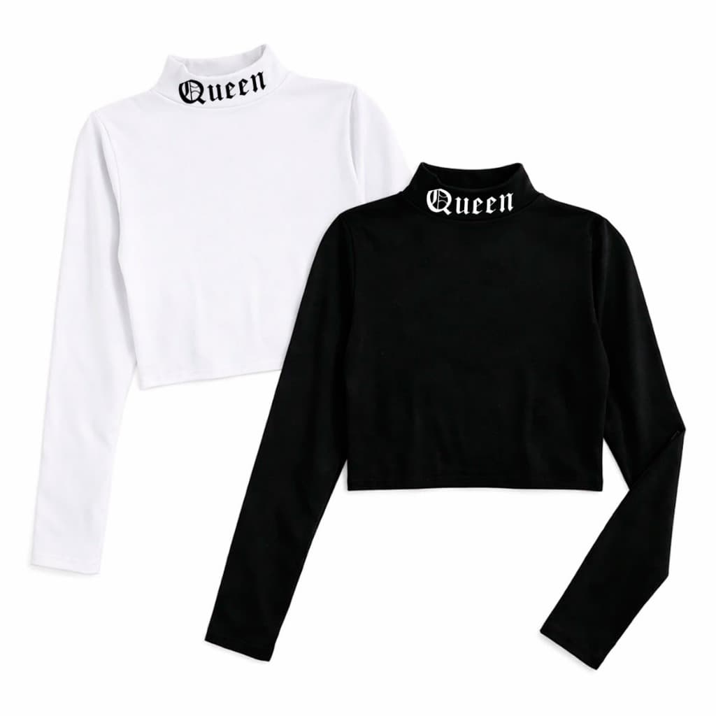 Cropped Blusinha QUEEN, Gola Alta MANGA LONGA - Básica Blogueira Alternativa Feminina Moda Inverno