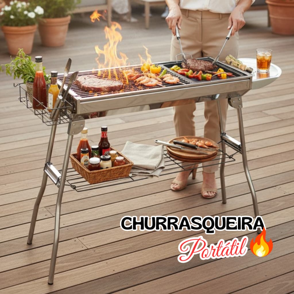 Churrasqueira Portátil Inox Dobrável Grande com 3 Grelhas + Prateleiras Camping Viagem Completa