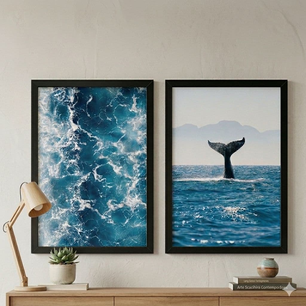 Kit 2 Quadros Decorativos Baleia Azul Oceano Mar Sala Quarto